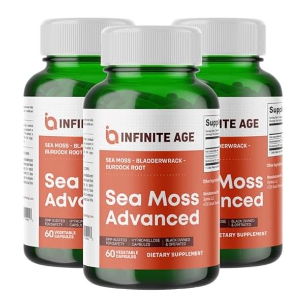 Infinite Age 3 Pack of 1250mg Sea Moss Advanced Superfood Capsules, 180 Count - High-Potency, Vegan, Made in The USA - Irish Seamoss, Bladderwrack, Burdock Root - Overall Health, I