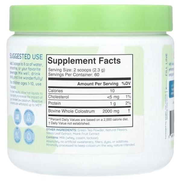 WONDERCOW Colostrum Supplement Powder for Gut Health, Immune Support, Muscle Recovery & Wellness | Natural IgG Pure Whole Bovine Colostrum Superfood, Matcha, 60 Servings