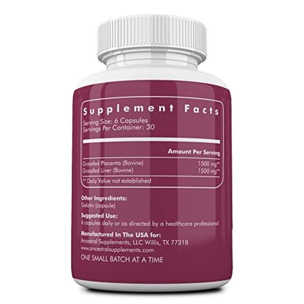 Ancestral Supplements Grass Fed Placenta Supplement with Liver, Contains Postpartum Vitamins for Women Breastfeeding, Promotes Menopause Relief, Stem Cells Support Skin Elasticity,