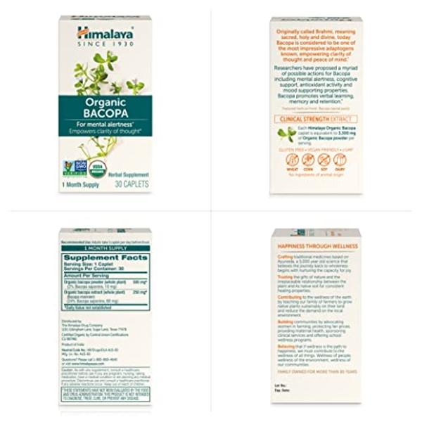 Himalaya Organic Bacopa Monnieri Nootropic Herbal Supplement, Mental Alertness, Supports Calm, Memory, Cognition, USDA Certified Organic, Non-GMO, 750 mg, 30 Plant-Based Caplets, 3