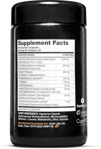 ONNIT Alpha Brain Black Label Capsule (80ct) Premium Citicoline Brain Supplement - Focus, Concentration & Memory - Lion's Mane, Hericium Erinaceus, L Theanine & Mucuna Pruriens