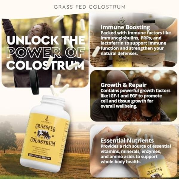 Ancestral Supplements Grass Fed Beef Colostrum Supplement, 3000 mg, Offers Immune Support and Promotes Gut Health, Athletic Performance, Healthy Iron Levels, Growth and Repair, Non