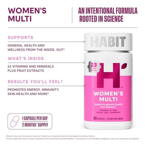 Habit Womens Multi Supplement (60 Capsules) - New Look, Supports General Health & Wellness, 23 Essential Vitamins and Minerals, Fruit extracts, Folate, Iron, B12, Biotin, Non-GMO (