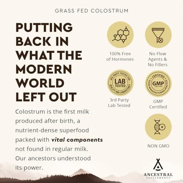 Ancestral Supplements Grass Fed Beef Colostrum Supplement, 3000 mg, Offers Immune Support and Promotes Gut Health, Athletic Performance, Healthy Iron Levels, Growth and Repair, Non