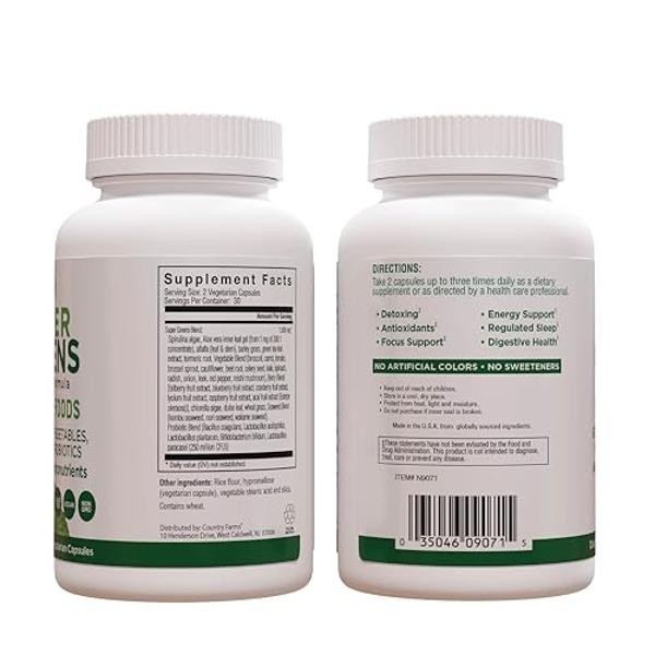 COUNTRY FARMS Super Greens Vegicaps, 32 Super Foods, Whole Food Supplement, Greens, Fruit, Vegetables, Mushrooms & Probiotics, Rich in Antioxidants & Phytonutrients, 60 Count, 30 S