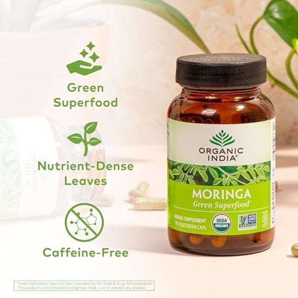 ORGANIC INDIA Moringa Capsules Organic - Moringa Supplement - Green Superfood, Moringa Leaf Capsules, Pure Supergreen, Vegan Greens, Nature's Multivitamin, Vegan, Gluten-Free - 90 