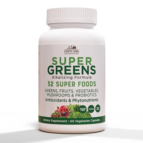COUNTRY FARMS Super Greens Vegicaps, 32 Super Foods, Whole Food Supplement, Greens, Fruit, Vegetables, Mushrooms & Probiotics, Rich in Antioxidants & Phytonutrients, 60 Count, 30 S
