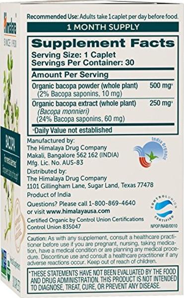 Himalaya Organic Bacopa Monnieri Nootropic Herbal Supplement, Mental Alertness, Supports Calm, Memory, Cognition, USDA Certified Organic, Non-GMO, 750 mg, 30 Plant-Based Caplets, 3