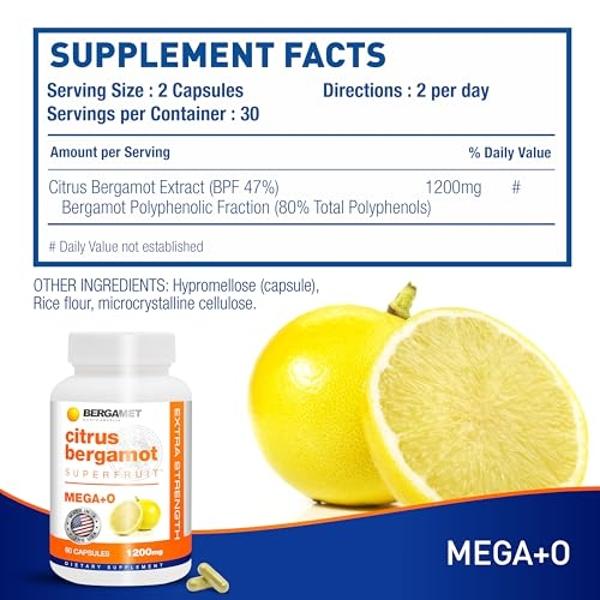 BergaMet Citrus Bergamot Supplement, 170:1 Extract, 1200mg per Serving, 80% Polyphenols, Italian Citrus Bergamot Supplement for High Cholesterol, 120 Capsules, 2 Months, Made in Th