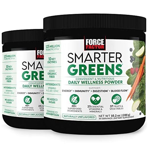 Force Factor Smarter Greens Daily Wellness Powder 2-Pack to Support Energy, Immunity & Digestion, Greens Powder, Superfood Powder with Vitamins, Minerals & Probiotics, Unflavored, 