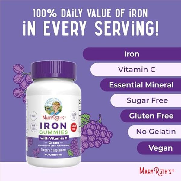 MaryRuth's Iron Gummies for Ages 14+ | with Vitamin C for Absorption | Sugar Free | Gummy Iron Supplement + VIT C | Energy Metabolism | Cellular Health | Immune Support | Vegan | N