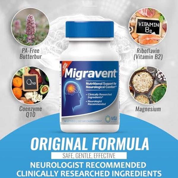 Vita Sciences Migravent Migraine Relief Supplement w/Vitamin B2, Riboflavin, Magnesium, Coenzyme CoQ10, PA-Free Butterbur, Bioperine, Premium Herbal Extracts 60 Count