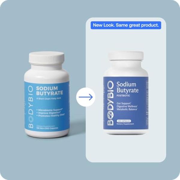 BodyBio Butyrate Supplement - Postbiotic for Gut Microbiome Health, Digestion and Regulation Support - Butyric Acid with Sodium - 60 Capsules