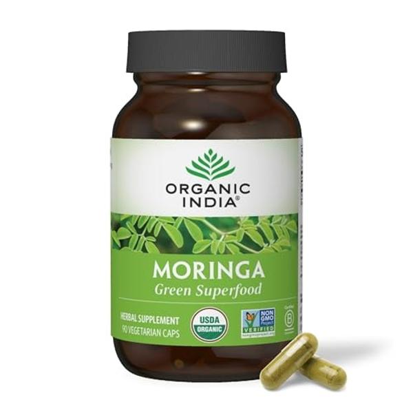 ORGANIC INDIA Moringa Capsules Organic - Moringa Supplement - Green Superfood, Moringa Leaf Capsules, Pure Supergreen, Vegan Greens, Nature's Multivitamin, Vegan, Gluten-Free - 90 