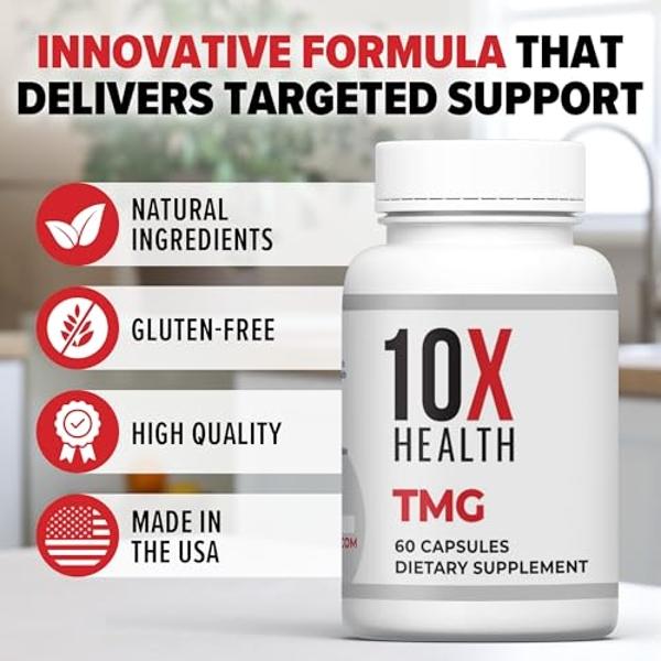 10X Health TMG Supplements - Trimethylglycine Supplement for Liver Support, Heart Wellness, Energy, Regulate Homocysteine Levels with Betaine Anhydrous - Non-GMO & Gluten-Free - 60