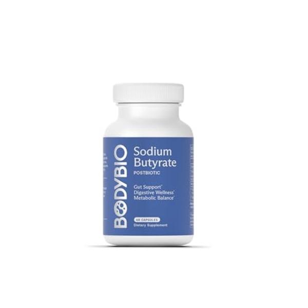 BodyBio Butyrate Supplement - Postbiotic for Gut Microbiome Health, Digestion and Regulation Support - Butyric Acid with Sodium - 60 Capsules
