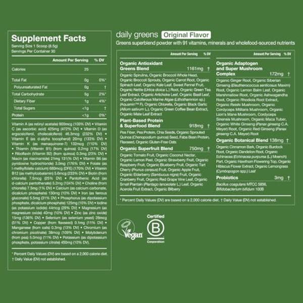 Huel Daily Greens | Superfood Greens Powder | 91 Vitamins, Minerals, and Wholefood-Sourced Ingredients | Adaptogens, Antioxidants, Gut-Friendly Probiotics | 30 Servings