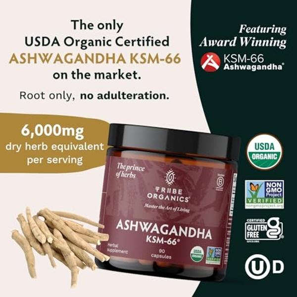 TRIBE ORGANICS Ashwagandha KSM 66 Pure Organic Root Powder Extract Ayurvedic Supplement - Focus Mood Support Increase Energy Strength 600mg of Natural KSM66 for Superior Absorption