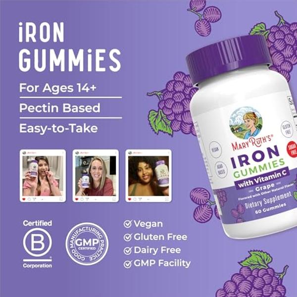 MaryRuth's Iron Gummies for Ages 14+ | with Vitamin C for Absorption | Sugar Free | Gummy Iron Supplement + VIT C | Energy Metabolism | Cellular Health | Immune Support | Vegan | N