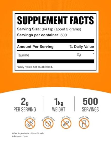 BulkSupplements.com Taurine Powder - Taurine Supplement, Amino Acid Supplement for Energy - Unflavored & Gluten Free, 2g per Serving, 1kg (2.2 lbs) (Pack of 1)