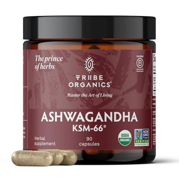 TRIBE ORGANICS Ashwagandha KSM 66 Pure Organic Root Powder Extract Ayurvedic Supplement - Focus Mood Support Increase Energy Strength 600mg of Natural KSM66 for Superior Absorption