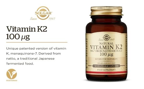 Solgar Vitamin K2 MK7 100mcg Vegetable Capsules Supports Bone Health Natural Whole Food Source from Natto Extract NonGMO Gluten Free Servings, Original, 50 Count