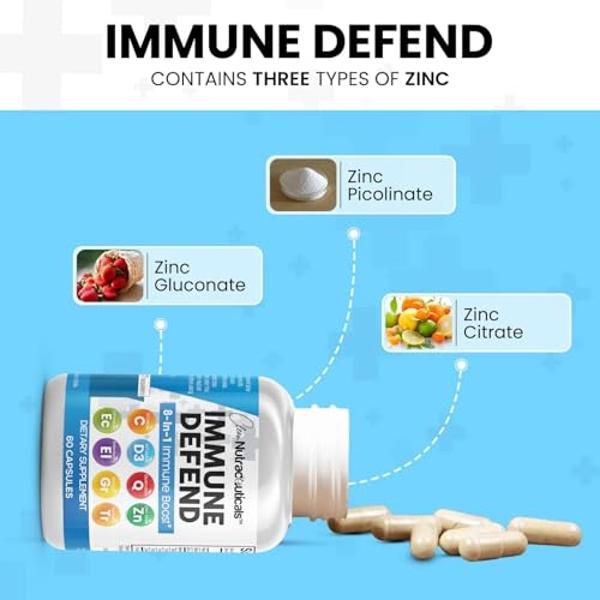 Clean Nutraceuticals Immune Defense Support Supplement 8 in 1 with Zinc 50mg Quercetin, VIT C 1000mg, Vitamin D3 5000 IU, Elderberry, Ginger - Immunity System Booster for Adults, V