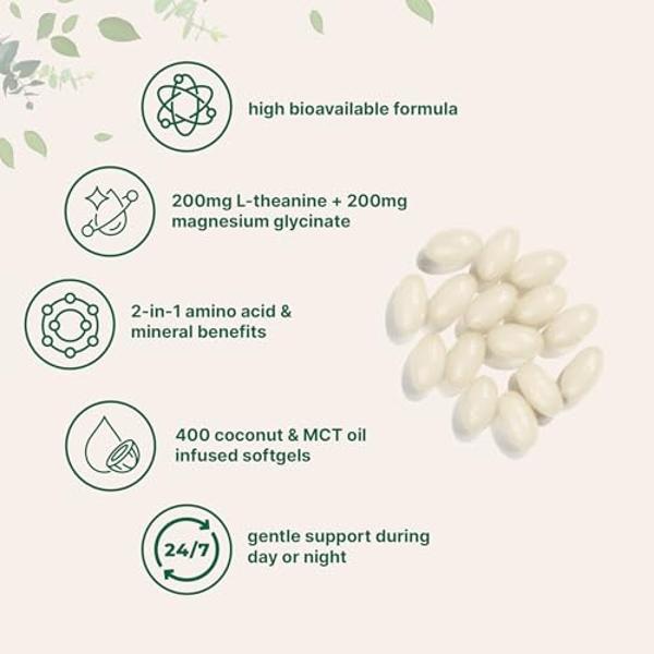 L-Theanine 200mg with Magnesium Glycinate, 400 Coconut MCT Oil Softgels | Relaxation, Focus & Muscle Support Supplement | 2-in-1 Amino Acid & Mineral Complex | Gentle Care All Day 