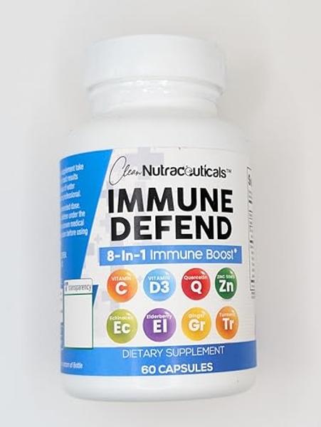 Clean Nutraceuticals Immune Defense Support Supplement 8 in 1 with Zinc 50mg Quercetin, VIT C 1000mg, Vitamin D3 5000 IU, Elderberry, Ginger - Immunity System Booster for Adults, V