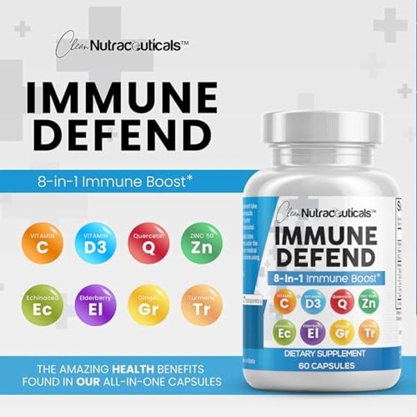 Clean Nutraceuticals Immune Defense Support Supplement 8 in 1 with Zinc 50mg Quercetin, VIT C 1000mg, Vitamin D3 5000 IU, Elderberry, Ginger - Immunity System Booster for Adults, V