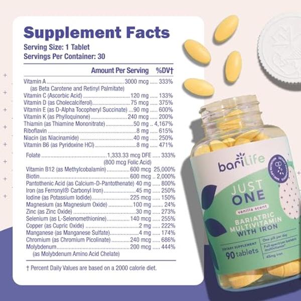Just One - Once Daily Bariatric Multivitamin with Iron, 90 Count for Gastric Sleeve and Gastric Bypass