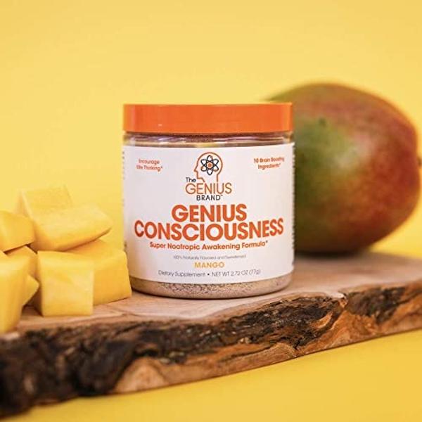 Genius Consciousness, Super Nootropic Brain Supplement Powder, Mango - Boost Focus, Cognitive Function, Concentration & Memory Booster - Alpha GPC & Lions Mane Mushroom for Neuro E