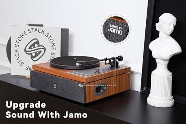 Stack Stone Hi-Fi Vinyl Record Player with Speakers, All in One Vintage Belt Drive Wooden Turntable for High Fidelity Sound by Jamo, Magnetic Cartridge, Ti Amplifiers, Bluetooth, A