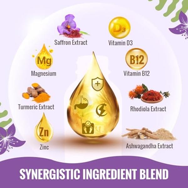 Saffron Supplements - 88.5 mg Saffron Extract Better Bioavailability Liposomal Drops for Mood, Energy, Vision & Focus with Ashwagandha, Turmeric, Magnesium, Zinc, Vitamin B12 & D3,