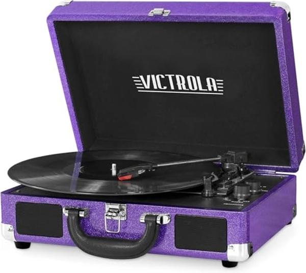 Victrola Vintage 3-Speed Bluetooth Portable Suitcase Record Player with Built-in Speakers | Upgraded Turntable Audio Sound|Purple Glitter, Model Number: VSC-550BT-GPR