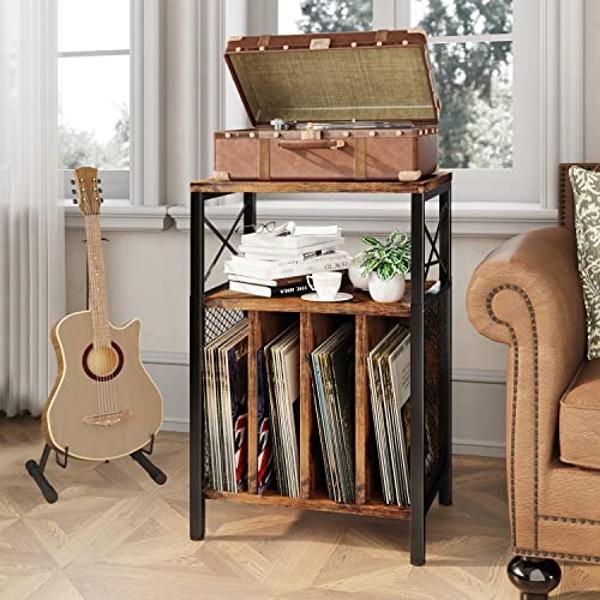 3-Tier Record Player Stand, Vinyl Record Storage Turntables for Vinyl Records, Record Player Table Holds Up to 200 Albums, Mid-Century Turntable Stand for Living Room, Bedroom, Off