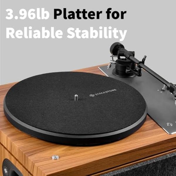 Stack Stone Hi-Fi Vinyl Record Player with Speakers, All in One Vintage Belt Drive Wooden Turntable for High Fidelity Sound by Jamo, Magnetic Cartridge, Ti Amplifiers, Bluetooth, A