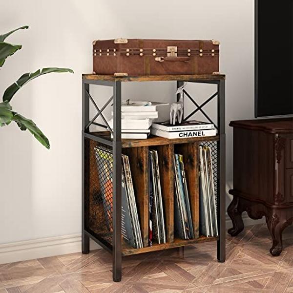 3-Tier Record Player Stand, Vinyl Record Storage Turntables for Vinyl Records, Record Player Table Holds Up to 200 Albums, Mid-Century Turntable Stand for Living Room, Bedroom, Off