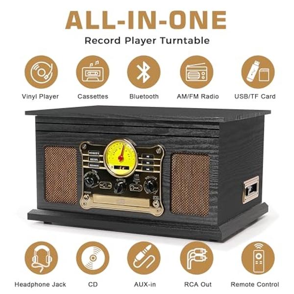Record Player Vintage 3-Speed Bluetooth Vinyl Turntable with Stereo Speaker, Belt Driven Suitcase Vinyl Record Player