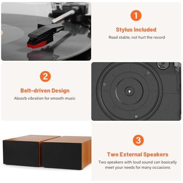 Vinyl Record Player with Dual Stereo Bookshelf Speakers Vintage Belt Drive Bluetooth Turntable with External Speakers,Convert Vinyl to MP3,LP Players AUX Headphone Input RCA Out,Or