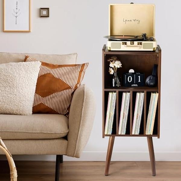 2BHOME Wooden LP Record Player Stand, 3-Tier Turntable Stand Cabinet Holds up to 100 Albums, Record Storage Holder and Organizer Table, Mid-Century Modern Record Player Holder (Ric