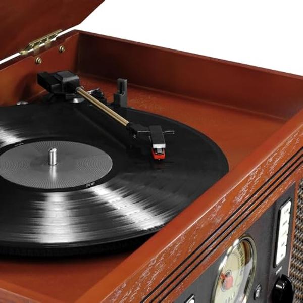 ClearClick All-in-One Turntable with 3-Speed Record Player, Bluetooth, CD, Cassette Tape, AM/FM Radio, Aux, USB, Built-in Speakers, Handmade Wooden Exterior