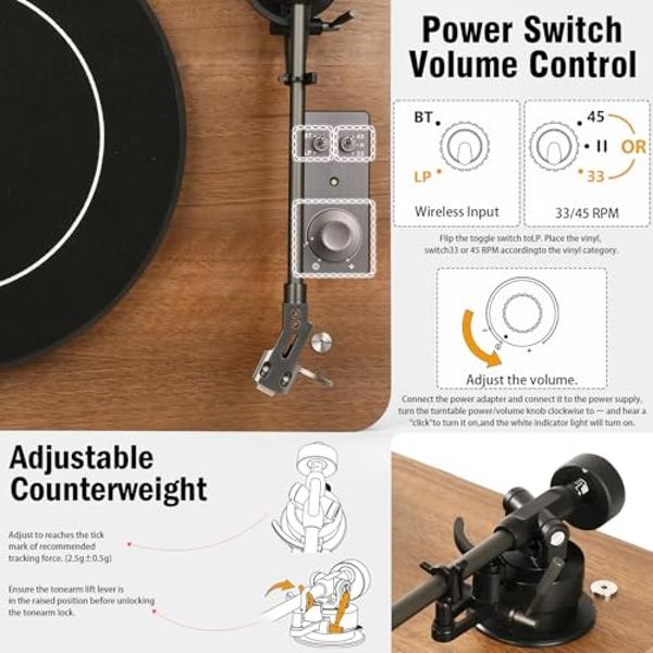 1 by ONE Record Player, Vinyl Record Player with Built-in 4 Stereo Speakers, Hi-Fi Wireless Turntable with Dual Speeds, Magnetic AT-3600L Cartridge, RCA Output, Walnut Wood