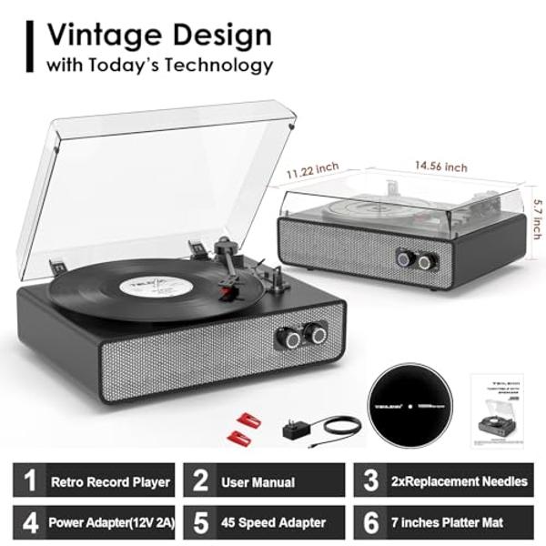 Record Player Wireless Bluetooth Turntable with Speakers for Vinyl Records Belt-Driven Vintage Turntable Support 3-Speed, Headphone, RCA Line, AUX-in for LP Players Home Decoration
