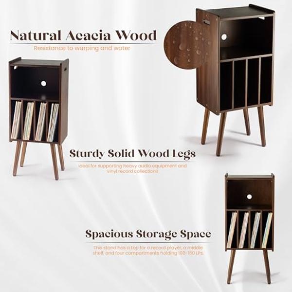 2BHOME Wooden LP Record Player Stand, 3-Tier Turntable Stand Cabinet Holds up to 100 Albums, Record Storage Holder and Organizer Table, Mid-Century Modern Record Player Holder (Ric