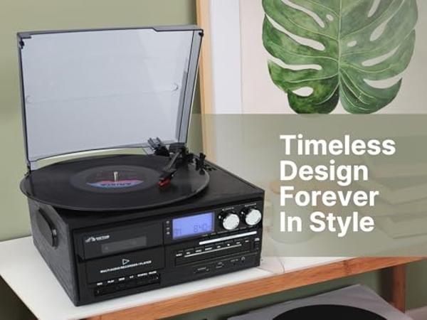 Victor VWRP-4200 Cosmopolitan 8-in-1 Turntable Music Center with 3-Speed Record Player, CD/MP3/Cassette Player, AM/FM Radio, Dual Bluetooth in & Out, USB Playback & Recording