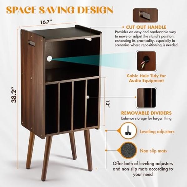 2BHOME Wooden LP Record Player Stand, 3-Tier Turntable Stand Cabinet Holds up to 100 Albums, Record Storage Holder and Organizer Table, Mid-Century Modern Record Player Holder (Ric