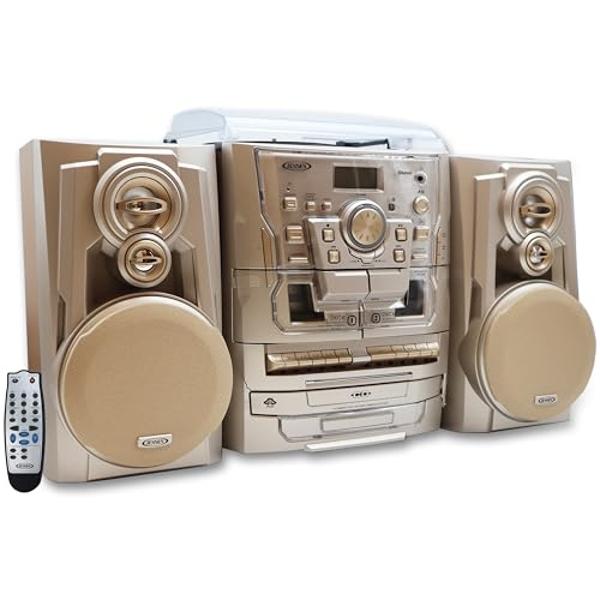Jensen® Bluetooth® 3-Speed Turntable CD Player Home Stereo System and Digital AM/FM Radio Tuner 3 CD Changer Music System, Dual Cassette Deck, Stereo Record Player with Remote Cont