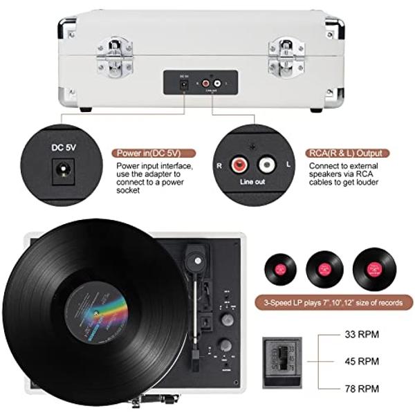 Vinyl Record Player Wireless Turntable Bluetooth 3-Speed Portable Vintage Suitcase with Built-in Speakers, Includes Extra Stylus, RCA Out, AUX in