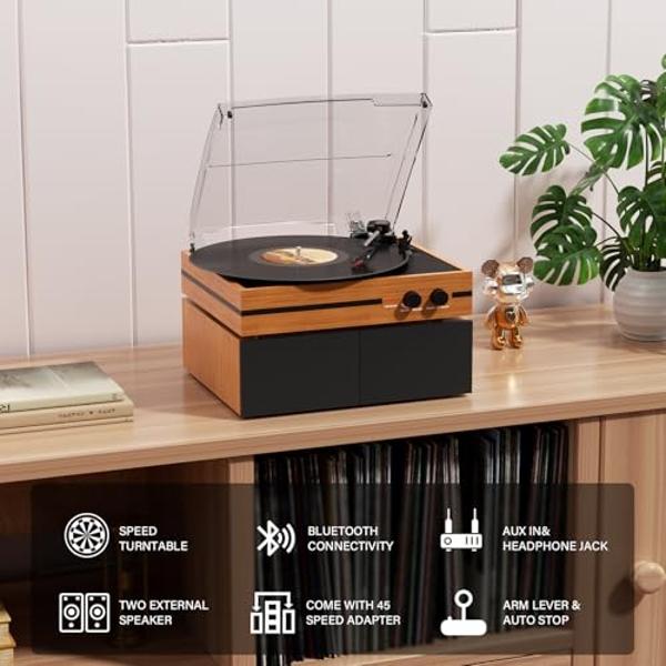 Vinyl Record Player with Dual Stereo Bookshelf Speakers Vintage Belt Drive Bluetooth Turntable with External Speakers,Convert Vinyl to MP3,LP Players AUX Headphone Input RCA Out,Or